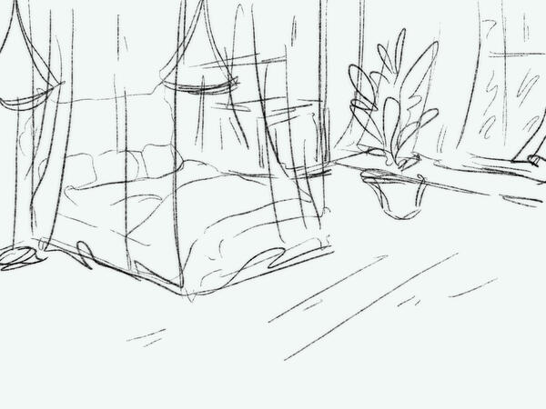 A rough design for a bedroom for an original story